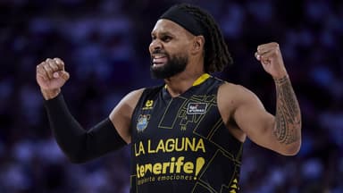 Patty Mills celebra la histórica victoria tinerfeña en la pista del Real Madrid
